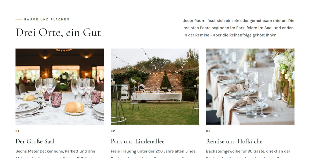 Anlässe einer Eventlocation-Website: Hochzeit, Firmenfeier und Tagung als Karten