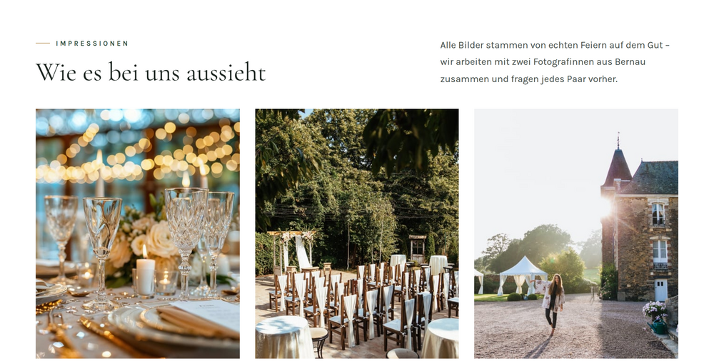 Galerie einer Eventlocation-Website mit Aufnahmen der Räume und Bestuhlungen