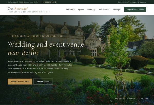Web design for event venues: full homepage with enquiry form