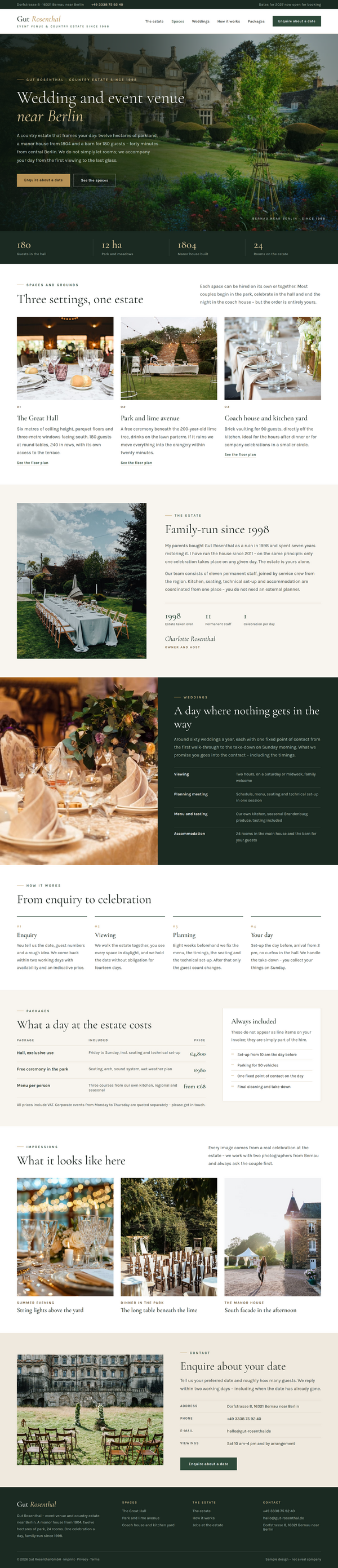 Web design for event venues: full homepage with enquiry form