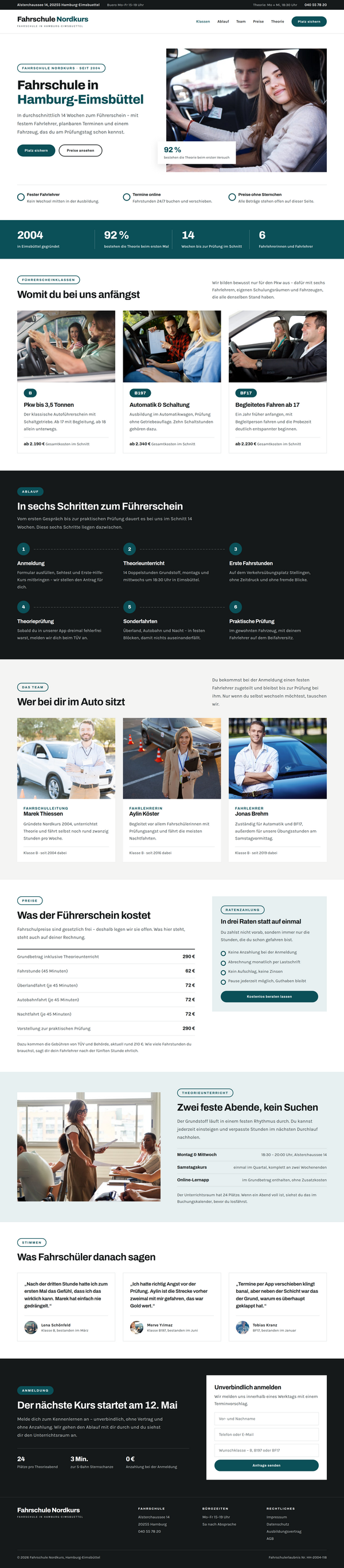 Mockup einer Fahrschul-Webseite in Hamburg-Eimsbüttel, komplette Seite