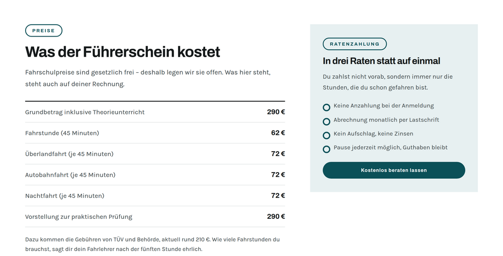 Sektion Preise im Webdesign für Fahrschulen