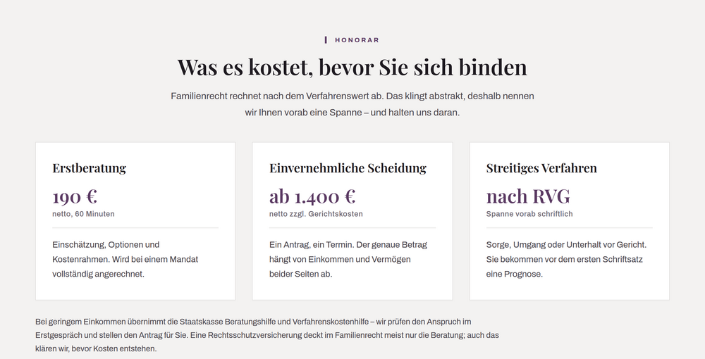 Honorar-Sektion im Webdesign für eine Familienrechtskanzlei