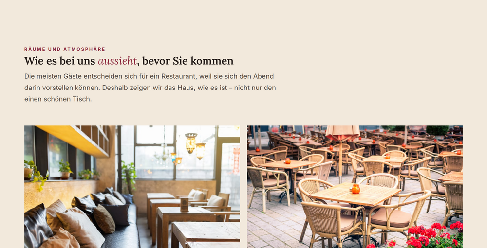 Räume und Atmosphäre auf einer Restaurant-Webseite
