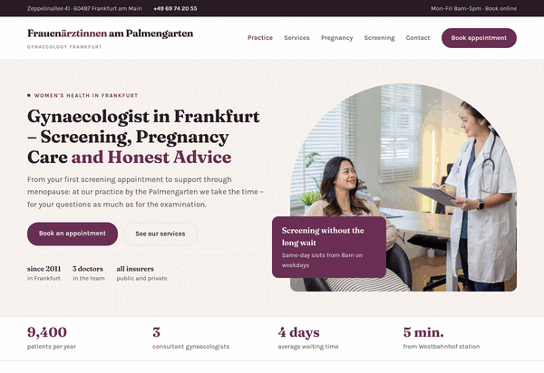 Web design for gynaecologists: homepage of a Frankfurt practice with arched hero photo, focus areas, antenatal care and team