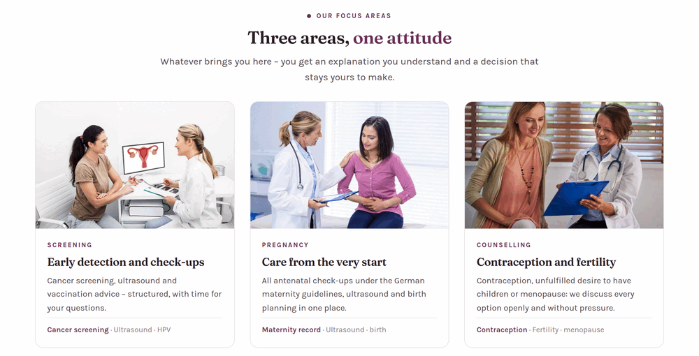 Focus areas section of a gynaecology practice website: screening, pregnancy and counselling as three cards with photos