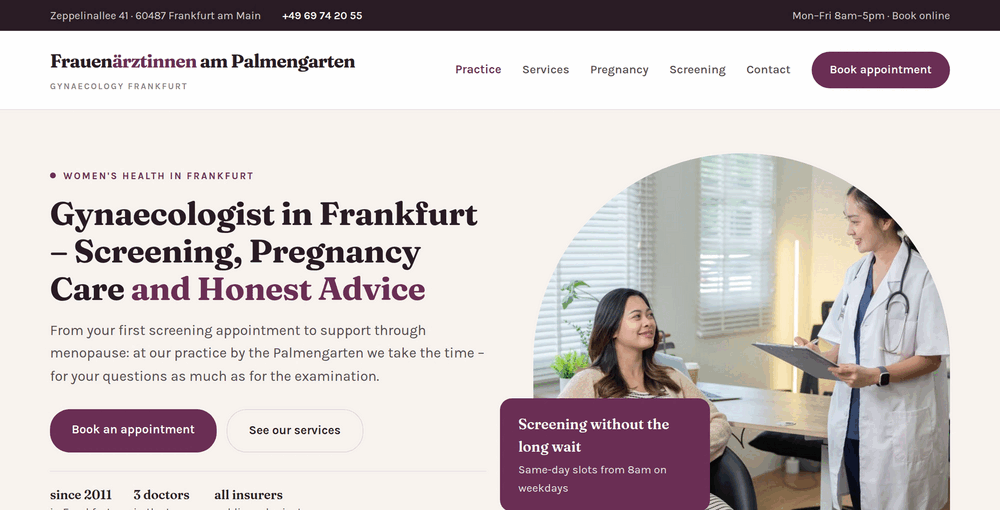 Hero section of a gynaecology practice website in Frankfurt with headline, appointment buttons and a consultation photo