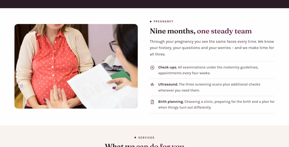 Antenatal care section of a gynaecology practice website with a consultation photo and the schedule of check-ups