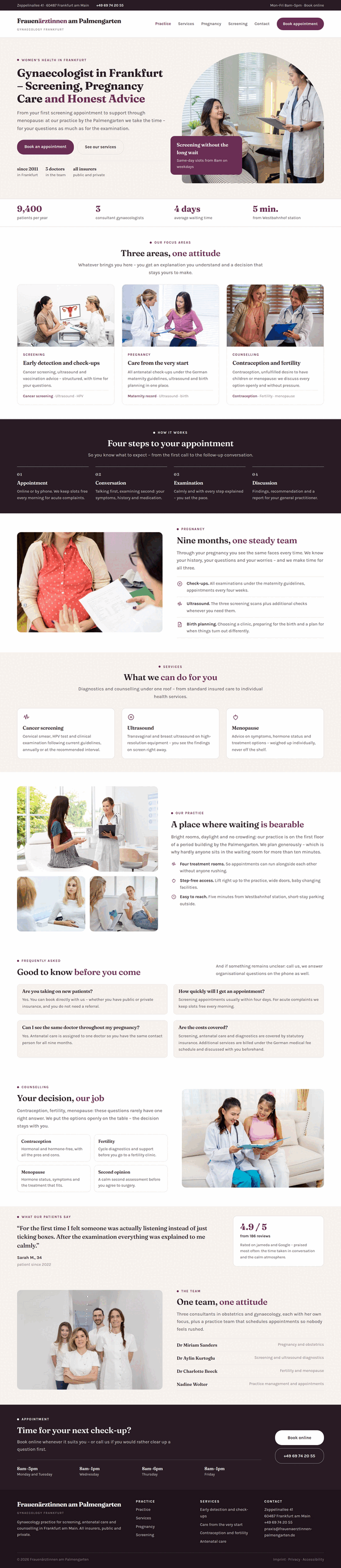 Web design for gynaecologists: homepage of a Frankfurt practice with arched hero photo, focus areas, antenatal care and team