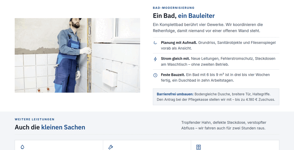 Leistungssektion mit Ablauf der Bad-Modernisierung und Hinweis zum Pflegekassen-Zuschuss