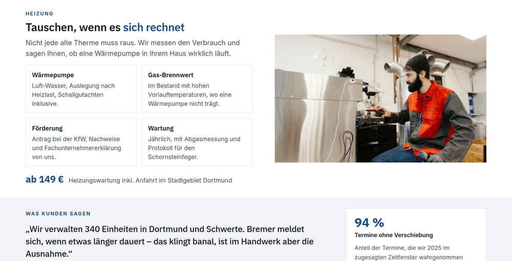 Referenzsektion mit drei abgeschlossenen Aufträgen und Notdienst-Band