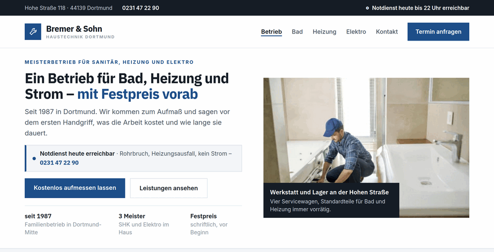 Startbereich der Handwerker-Webseite mit Notdienstzeile, Festpreis-Versprechen und Terminbutton