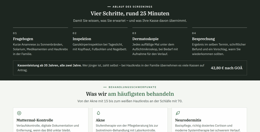 Dunkler Abschnitt „Vier Schritte, rund 25 Minuten“ zum Ablauf der Hautkrebsvorsorge