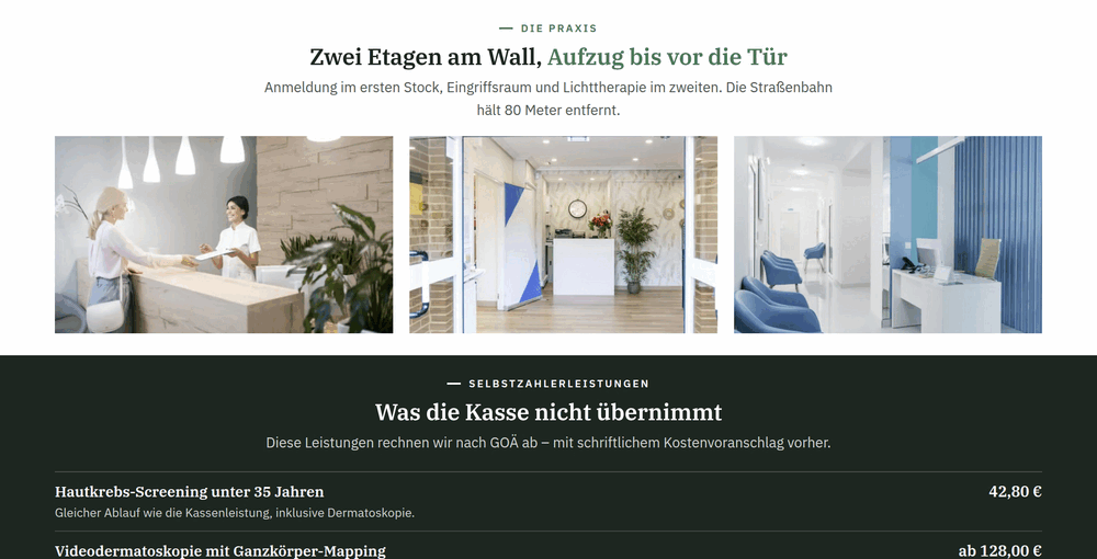 Abschnitt „Zwei Etagen am Wall“ mit Praxisfotos und Preisliste für Selbstzahlerleistungen