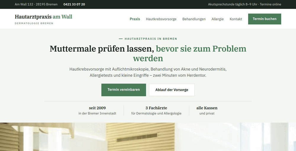 Startbereich „Muttermale prüfen lassen, bevor sie zum Problem werden“ mit Terminbuttons