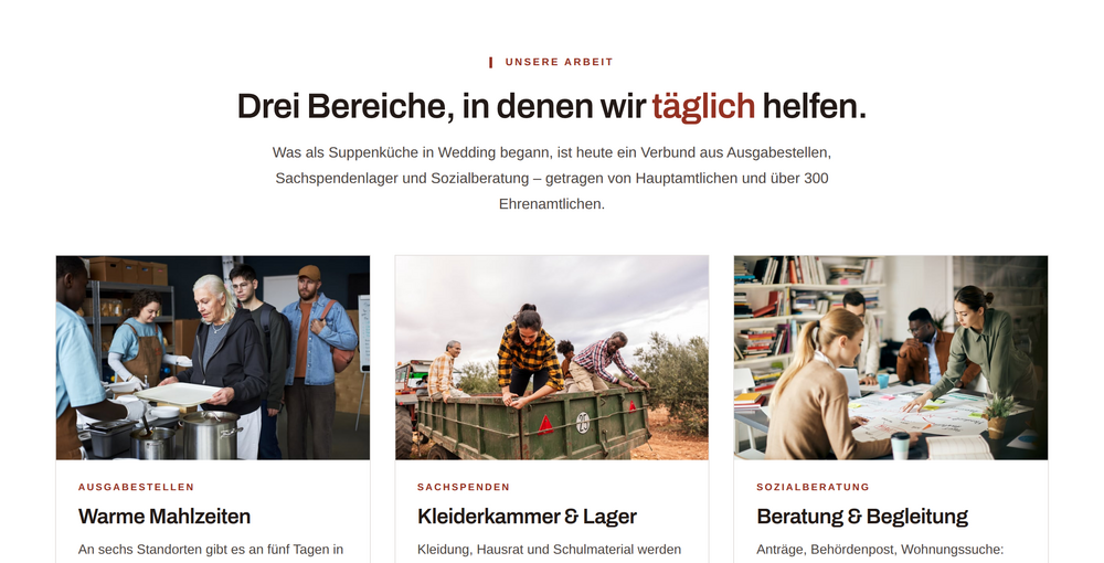 Arbeitsbereiche einer Hilfsorganisation: warme Mahlzeiten, Kleiderkammer und Sozialberatung