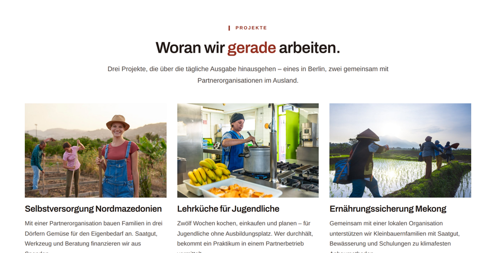 Projektsektion einer Hilfsorganisations-Website mit drei Projekten, Fotos und Kennzahlen zu Laufzeit und Beteiligten