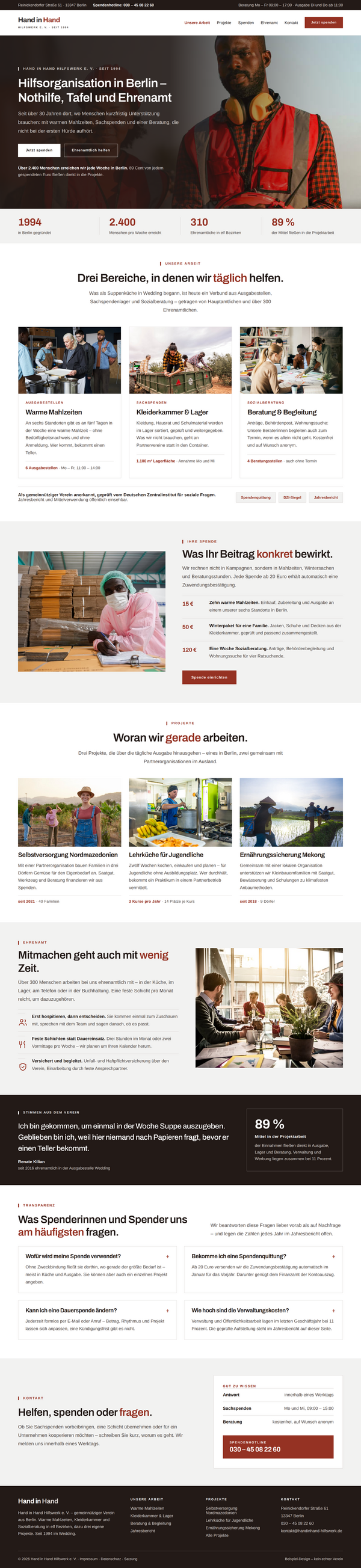 Home page of a Berlin charity with photo hero, areas of work and donation impact