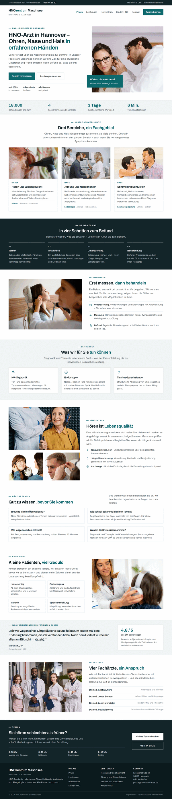 Komplettansicht einer HNO-Praxis in Hannover mit Foto-Hero, Diagnostik und Hörzentrum