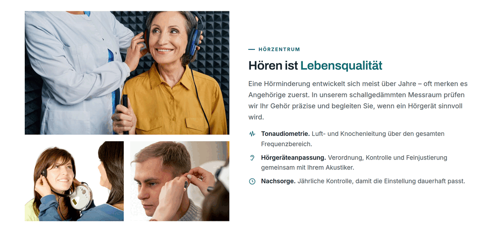 Hörzentrum-Sektion einer HNO-Praxis-Website mit Bildmosaik aus Audiometrie und Hörgeräteanpassung