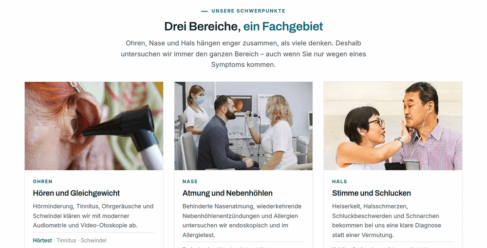 Schwerpunkt-Sektion einer HNO-Praxis-Website: Ohren, Nase und Hals als drei Karten mit Fotos aus der Untersuchung