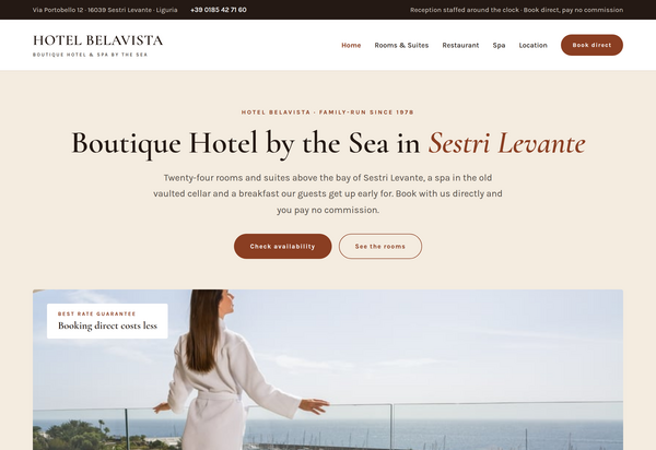 Web design for hotels: full home page of a boutique hotel with booking bar, room overview and spa section