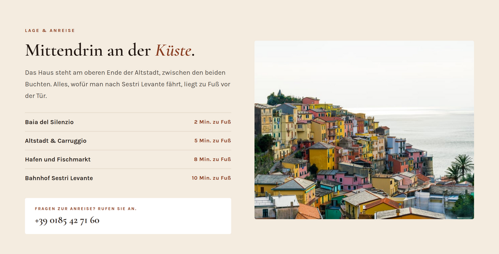 Lage-Sektion einer Hotel-Website mit Entfernungsliste zu Strand, Altstadt und Bahnhof