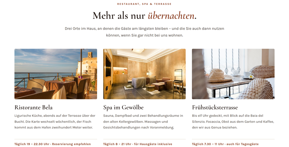 Sektion einer Hotel-Website mit Restaurant, Spa im Gewölbe und Frühstücksterrasse