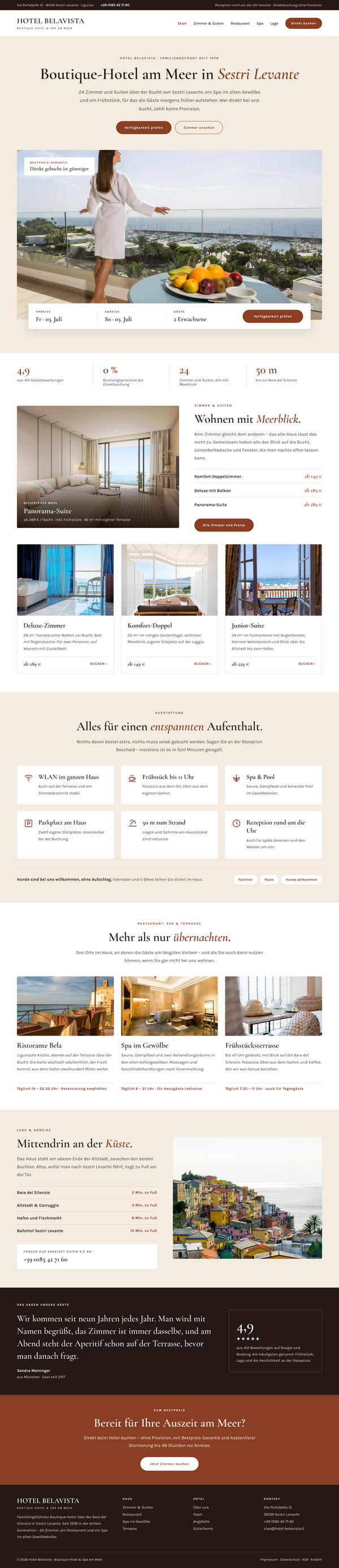 Web Design for Hotels: Complete Homepage for a Boutique Hotel, Featuring a Booking Bar, Room Overview, and Spa Section