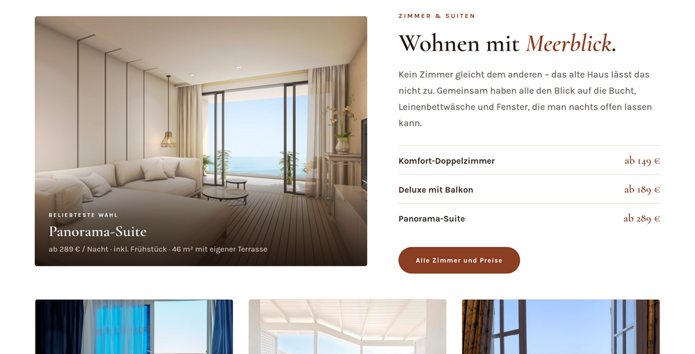 Zimmerübersicht auf einer Hotel-Website mit Panorama-Suite, Preisliste und drei Zimmerkarten