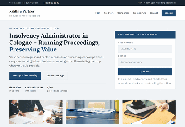 Home page of a Cologne insolvency firm with case lookup, audience cards and procedure