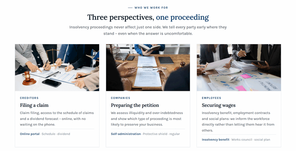 Audience section of an insolvency practice website: creditors, companies and employees as three cards with photos