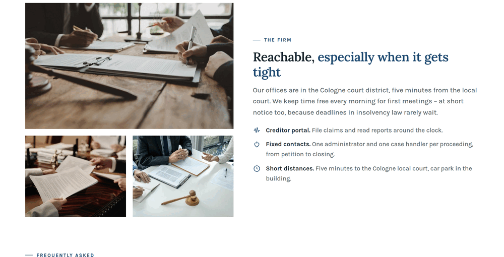 Firm section of an insolvency administrator website with a photo mosaic of meetings, file handover and the negotiation table