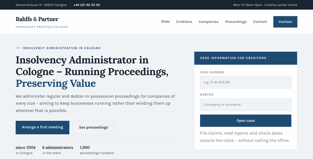 Hero section of an insolvency administrator website in Cologne with headline and a case lookup form for creditors