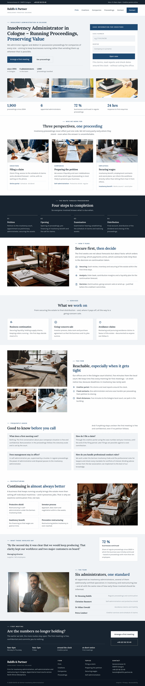 Home page of a Cologne insolvency firm with case lookup, audience cards and procedure