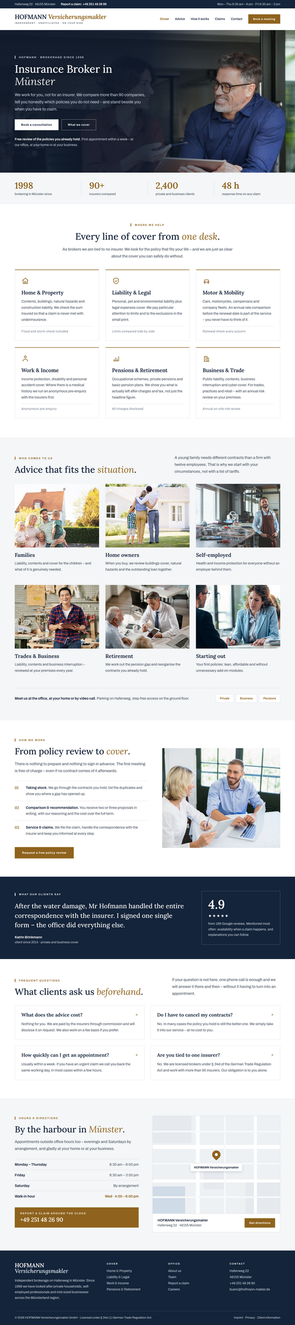 Web design for insurance brokers: complete home page of a brokerage in Münster with lines of cover, situations and contact