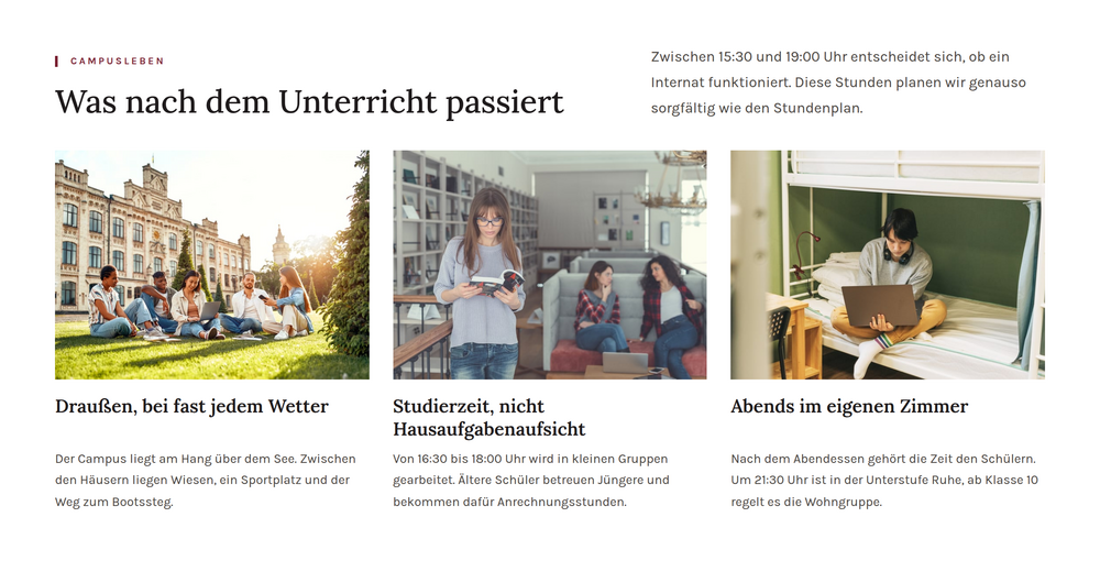 Internats-Website: Bildband zum Nachmittag im Internat mit Campus, Studierzeit und Abend im eigenen Zimmer