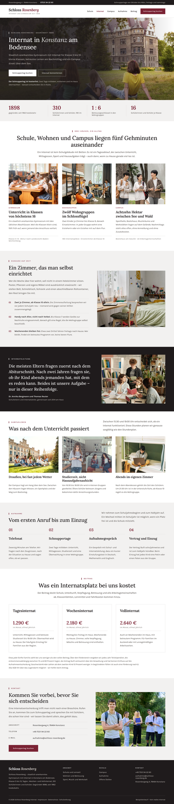 Complete home page of a boarding grammar school on Lake Constance with campus life