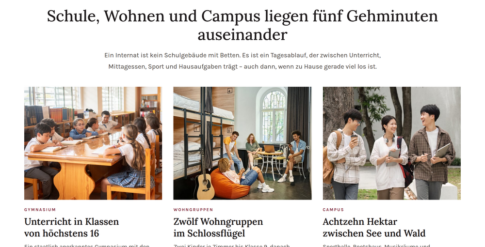 Internats-Website: drei Bildkarten zu Gymnasium, Wohngruppen und Campus mit kurzen Erklärtexten