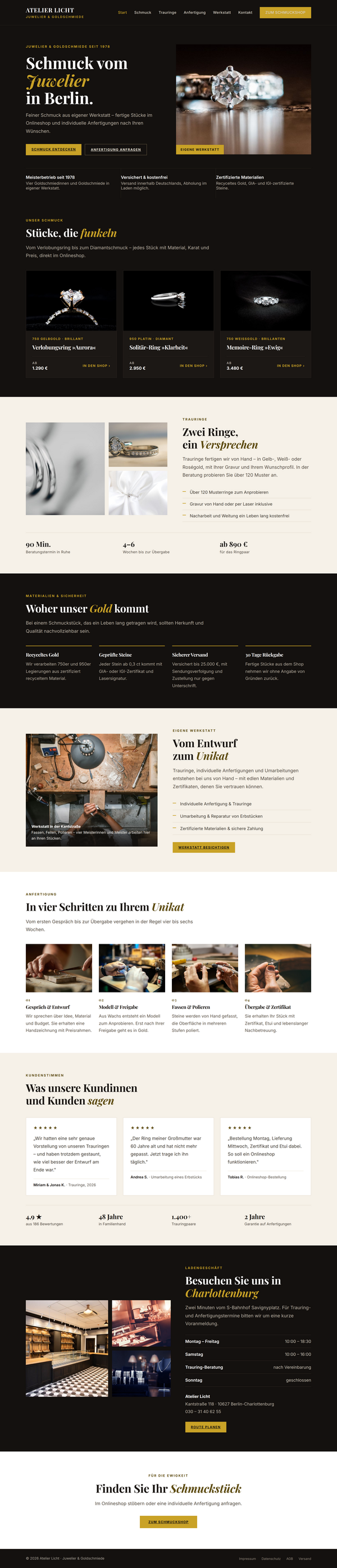 Mockup einer Juwelier-Webseite mit Schmuckshop, Trauringen und Werkstatt