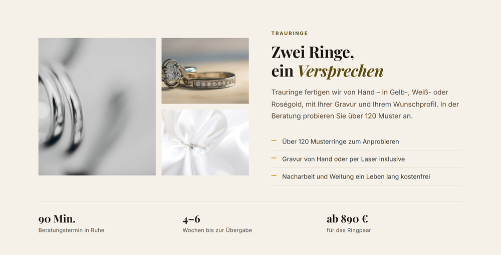 Trauring-Abschnitt mit Musterringen, Gravur und Beratungsablauf