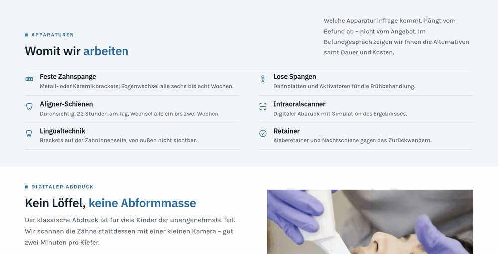 Zweispaltige Liste der Apparaturen von fester Zahnspange bis Retainer