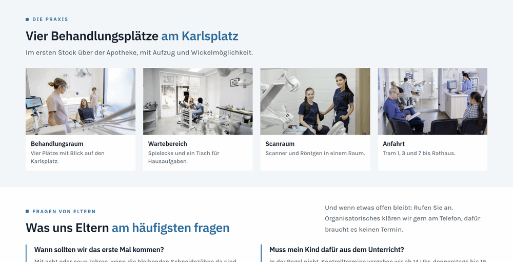Vier Fotokacheln zu Behandlungsraum, Wartebereich, Scanraum und Anfahrt