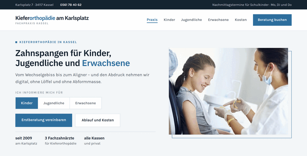 Startbereich „Zahnspangen für Kinder, Jugendliche und Erwachsene“ mit Altersgruppen