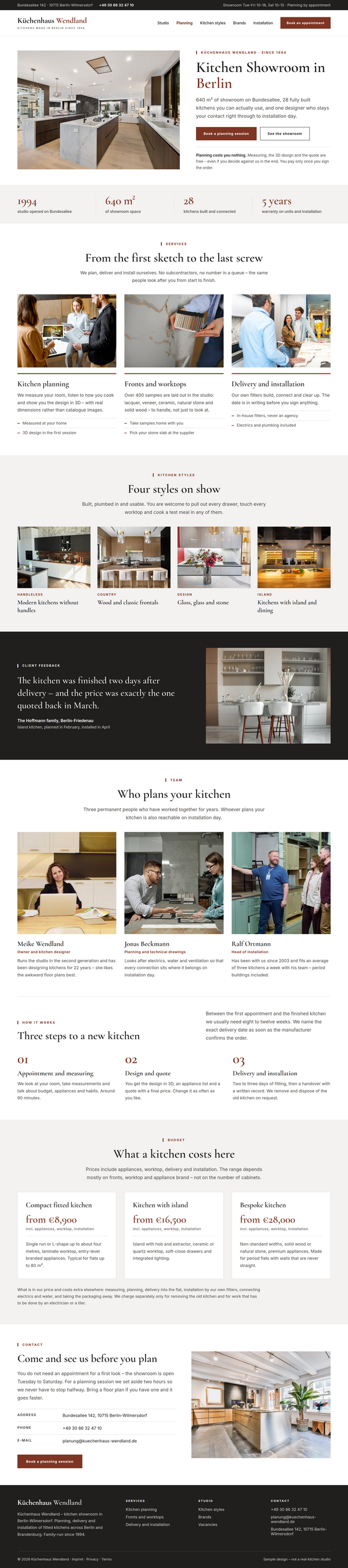 Web design for kitchen showrooms: complete home page of a Berlin kitchen showroom with showroom, kitchen styles and team