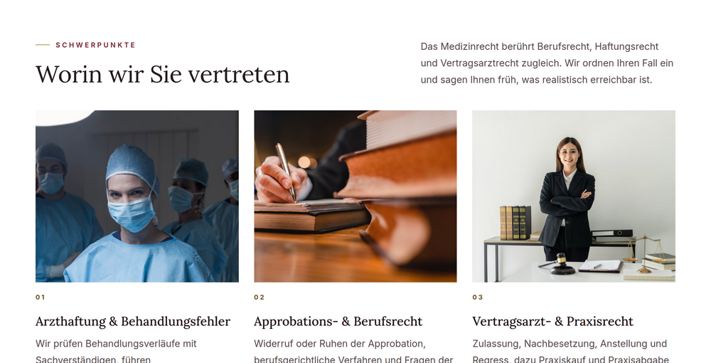 Schwerpunkte einer Medizinrecht-Kanzlei als übersichtliche Karten auf der Website