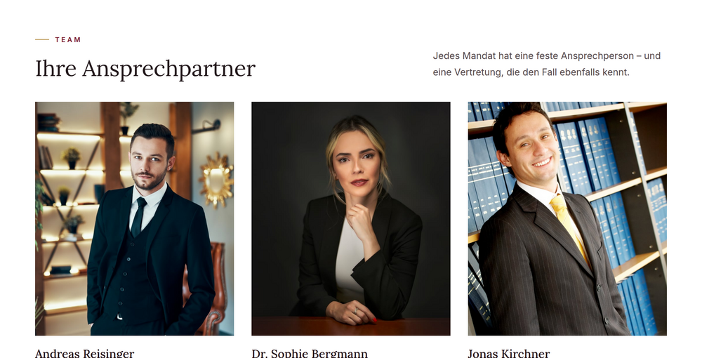 Teamsektion einer Medizinrecht-Kanzlei mit Porträts und Zuständigkeiten