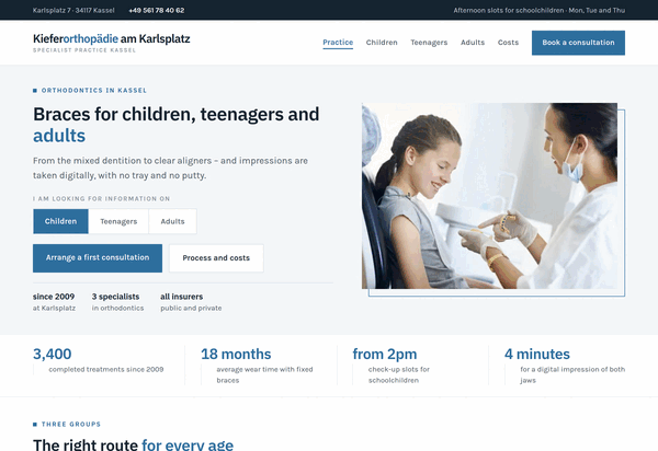 Complete home page of Kieferorthopädie am Karlsplatz in Kassel with braces and costs