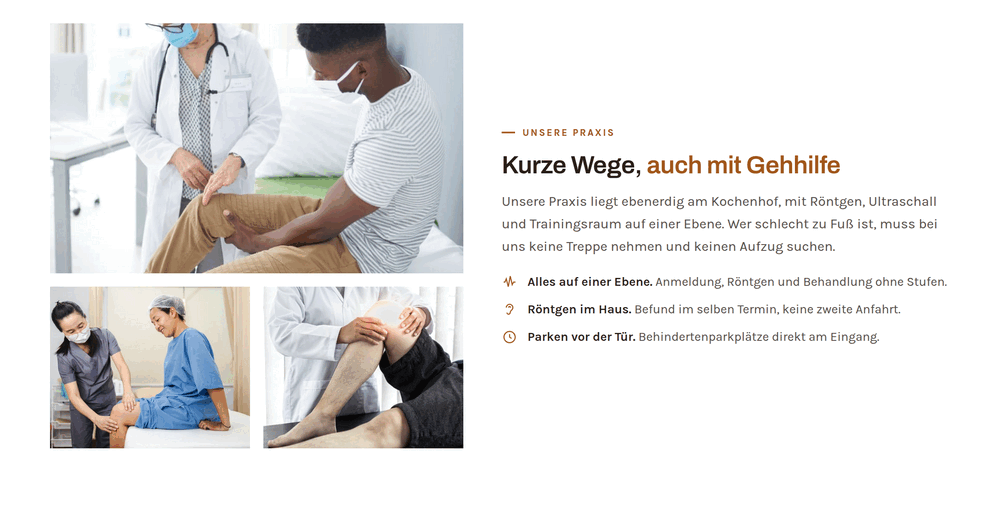 Praxis-Sektion einer Orthopädie-Website mit Bildmosaik aus Untersuchung, Behandlungsraum und Team