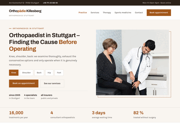 Home page of a Stuttgart orthopaedic practice with symptom selector, diagnostics and therapy
